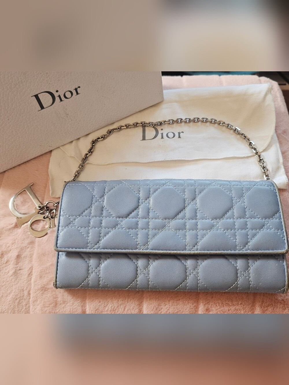 Lady Dior Quilted Leather Shoulder Wallet Mini Purse/Bag Light Blue - Pre-Loved
